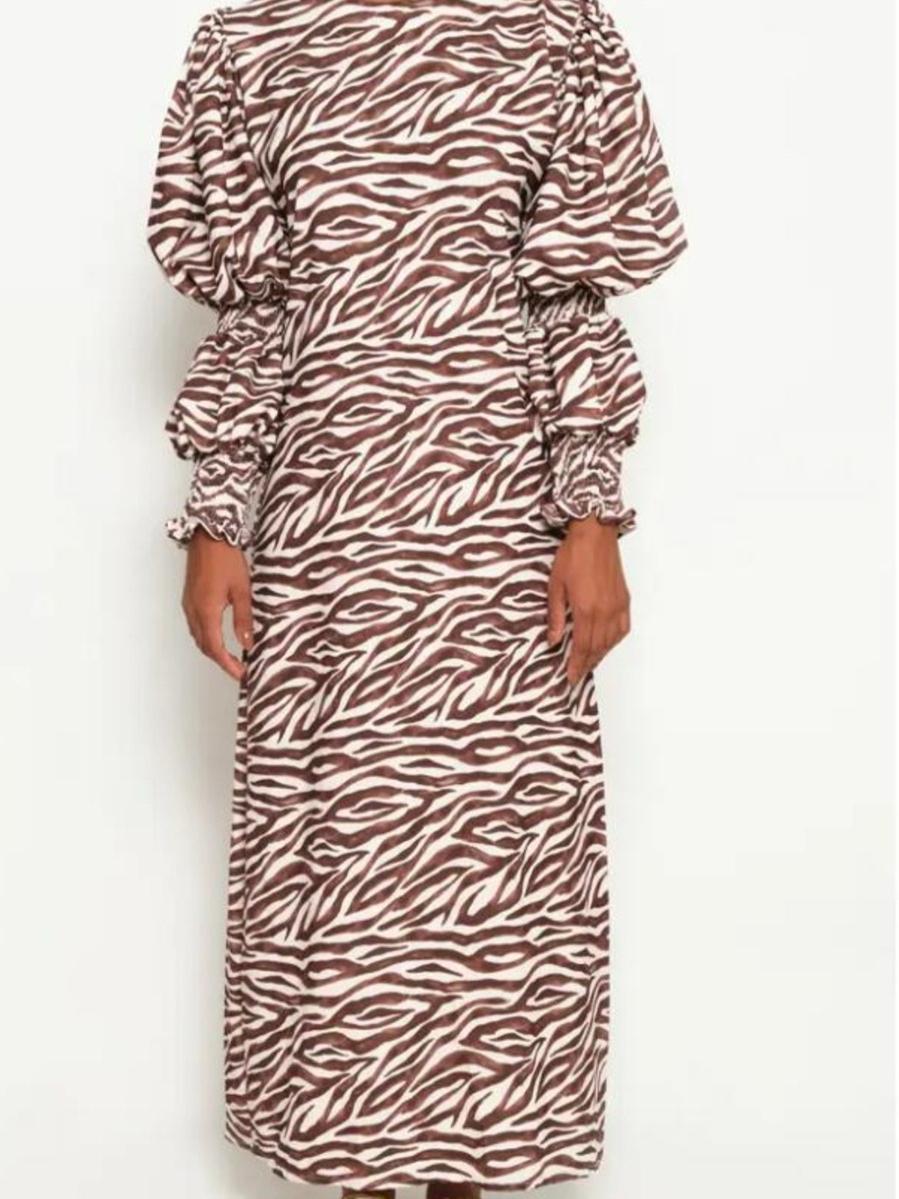Anthropologie Brown and Cream Zebra-Print Puff Sleeve Maxi Dress